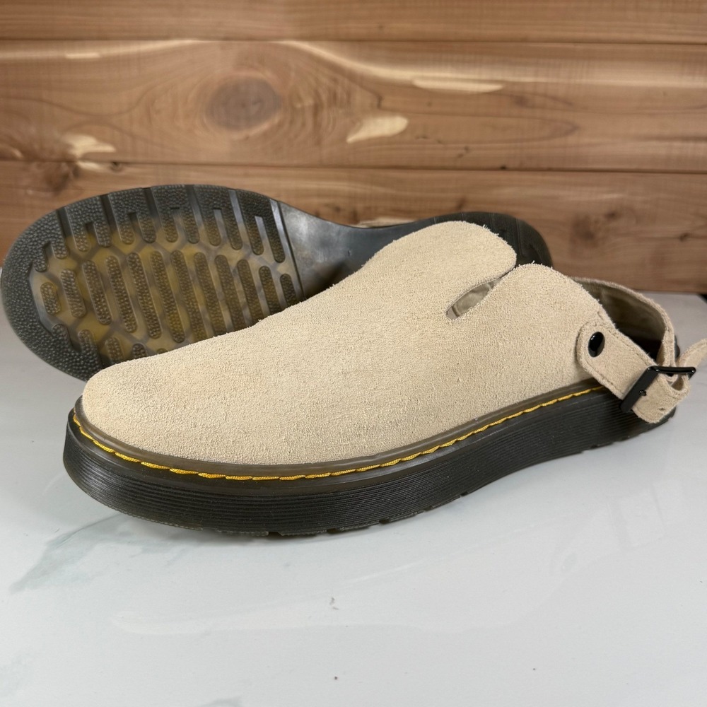 Dr. Martens Carlson Suede Mules Beige Sand Mens 14 Lusso Buckle Clogs Minimalist
